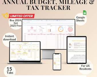 May include: A digital tax tracker for rideshare and delivery drivers, displayed on a laptop, desktop, tablet, and phone. The image includes the text "Annual Budget, Mileage & Tax Tracker", "Limited Offer", "Instant download", and "For US Residents".