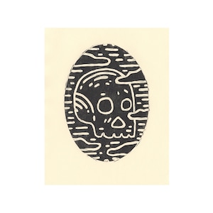 Oval Skull - Black - Woodcut Print