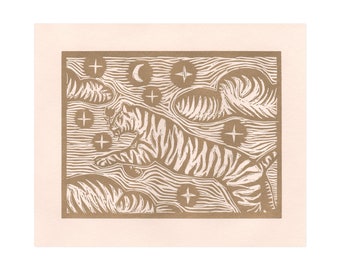 Tiger In Clouds - Woodcut Print