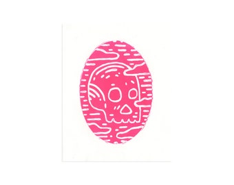 Oval Skull - Pink - Woodcut Print