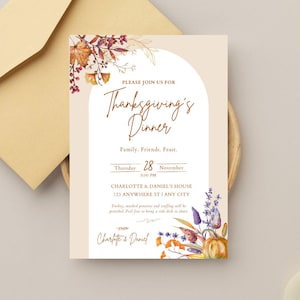 Modelo de convite de Ação de Graças, digital, editável, outono, jantar, para impressão, evento, feriado, reunião de família, abóbora laranja