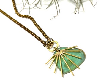 Green Heart Charm Necklace for Woman With Golden Sunburst & Vintage Brass Chain - Trendy Gift For Girlfriend