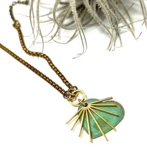 Green Heart Charm Necklace for Woman With Golden Sunburst & Vintage Brass Chain Trendy Gift For Girlfriend image 1