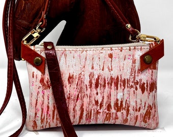 Handmade Hand Painted - Small Leather Shoulder Bag Crossbody Purse For Women - Pearl Ivory Leather with Pink, Copper and Saddle Brown Paint