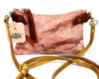 Small Leather Shoulder Bag Crossbody Purse For Women - Hand Painted in Colors of Blush Pink Purple and Metallic Copper - One Of A Kind