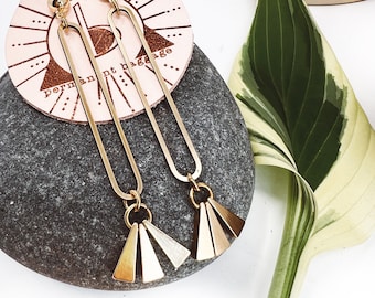 Long Modern Geometric Brass Dangle Earrings