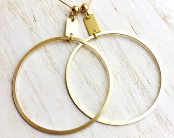 Modern Big Hoop Earrings - Bright Brushed Brass Finish - Nickel Free - Ready To Ship
