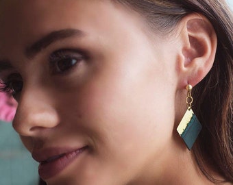 Leather and Brass Dangle Earrings - Diamond Shaped