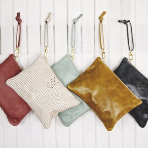 Leather Wristlet Zipper Bag Large Chevron Micro Rivet Detail Brass Zipper Closure Available in 40 Colors
