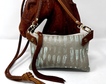 Handmade & Hand Painted - Small Leather Shoulder Bag Crossbody Purse For Women - Sage Gray Green With Mint Stripes