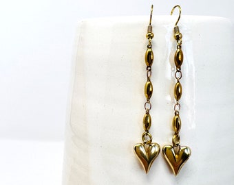 Golden Brass Heart Dangle Earrings, Solid Brass, Industrial