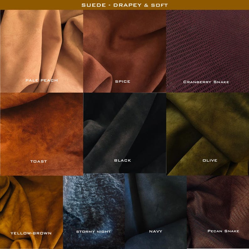 May include: A collage of nine suede fabric swatches in various colours, including pale peach, spice, cranberry snake, toast, black, olive, yellow-brown, stormy night, navy, and pecan snake.