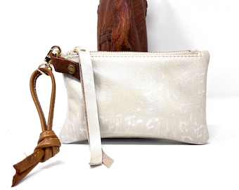 Small Leather Wristlet Handbag - Hand Painted With Pear Ivory Leather & Metallic Pearl Paint With Subtle Leather Print One Of A Kind