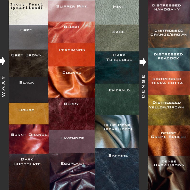 May include: A chart of leather colours and finishes, with two columns labelled "Waxy" and "Dense". Each column has 8 leather swatches with names like "Ivory Pearl", "Cognac", "Emerald", and "Distressed Terra Cotta".