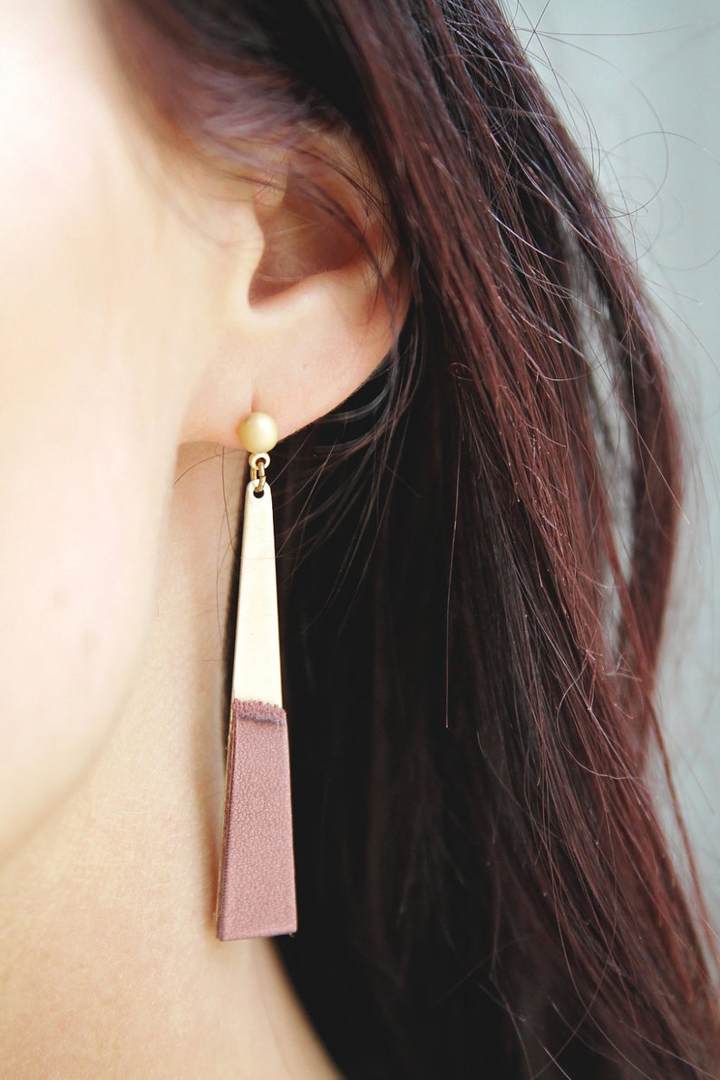 Modern Brass And Leather Dangle Earrings Edgy With a Hint of Boho Style image 3