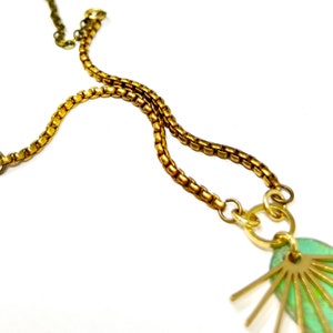 Green Heart Charm Necklace for Woman With Golden Sunburst & Vintage Brass Chain Trendy Gift For Girlfriend image 2