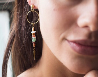 Long Beaded Spike Dangle Earrings - A Beachy Mix of Rose Quartz & Aventurine Gemstones With Purple and Copper Beads and Solid Brass Spike