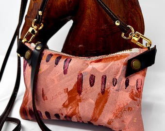 Handmade Hand Painted - Small Leather Shoulder Bag Crossbody Purse For Women - Pink Leather with Dark Purple & Copper Paint