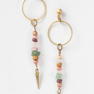 Long Beaded Spike Dangle Earrings A Beachy Mix of Rose Quartz & Aventurine Gemstones With Purple and Copper Beads and Solid Brass Spike image 2
