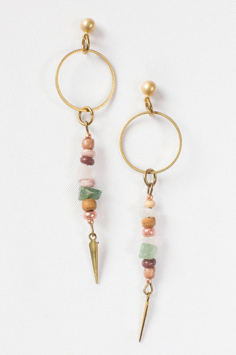 Long Beaded Spike Dangle Earrings A Beachy Mix of Rose Quartz & Aventurine Gemstones With Purple and Copper Beads and Solid Brass Spike image 2