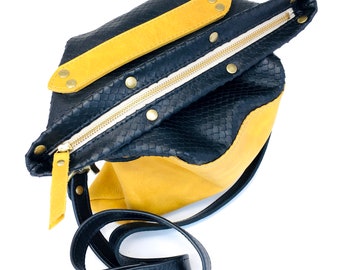 Bolso crossbody plegable de cuero negro y amarillo para mujeres - READY TO SHIP