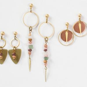 Long Beaded Spike Dangle Earrings A Beachy Mix of Rose Quartz & Aventurine Gemstones With Purple and Copper Beads and Solid Brass Spike image 4