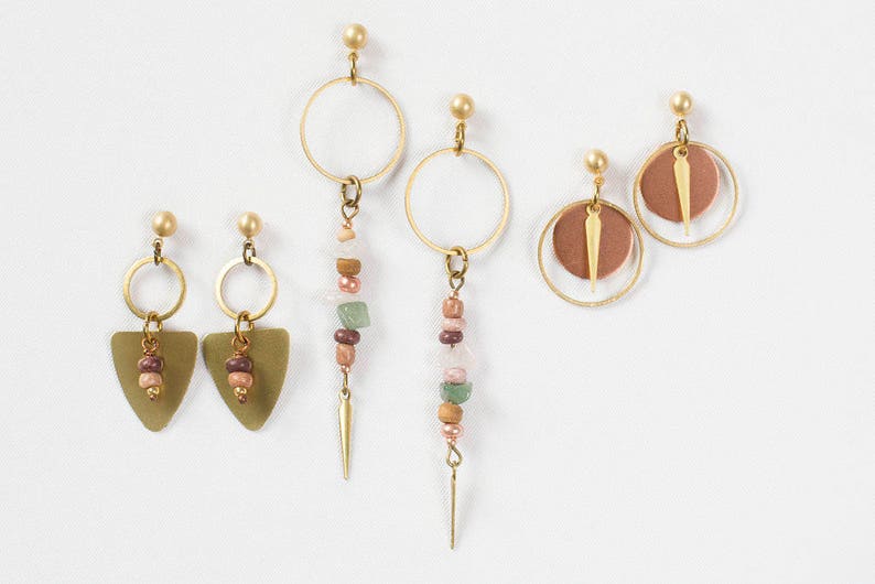 Long Beaded Spike Dangle Earrings A Beachy Mix of Rose Quartz & Aventurine Gemstones With Purple and Copper Beads and Solid Brass Spike image 4