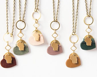 College Graduation Gift For Her. Leather Heart Pendant Necklace For Women With State Charm. Unique Girlfriend Gift Available In Many Colors