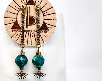 Brass Chain Dangle Earring with Rich Green Emperor Jasper and Sun Ray Accent, 2 Inches long