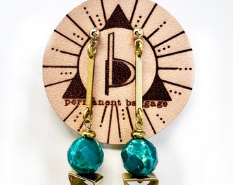 Geometric Brass Dangle Earring With Rich Marbled Green Jasper Stone