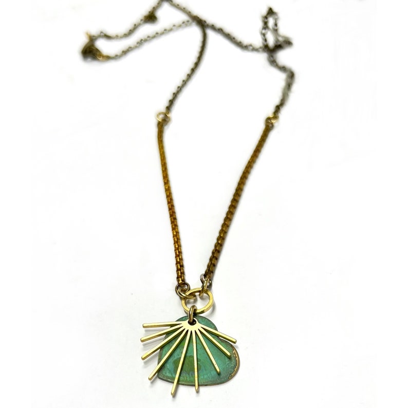 Green Heart Charm Necklace for Woman With Golden Sunburst & Vintage Brass Chain Trendy Gift For Girlfriend image 4