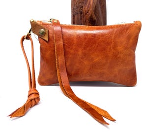 Handmade Small Leather Wristlet Handbag For Women -Cognac, Burnt Orange Genuine Leather