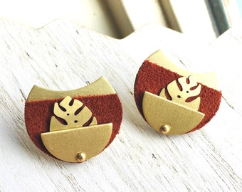 Large Post Earring With Brushed Brass Hand Painted Leather and Monstera Plant