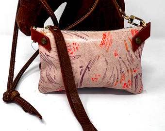 Handmade & Hand Painted - Small Leather Shoulder Bag Crossbody Purse For Women - Pastel Pink With Purple and Neon Orange