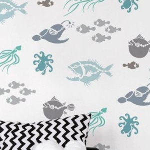 Deep Sea Creatures Allover Stencil - Better than Wallpaper - Easy to Use! - Nautical Design for Beach Themed Room