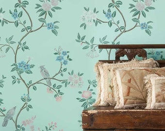 Avian Chinoiserie Wall Mural Stencil - WALL STENCILS instead of Wallpaper - Easy to Use Wall Stencils for a Room Update - Stencils for Walls