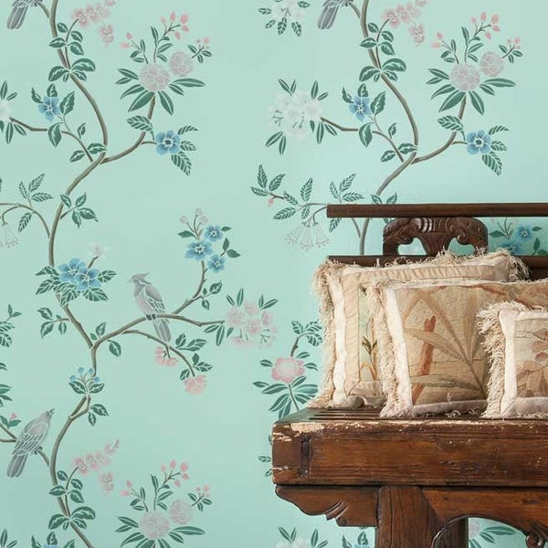 Avian Chinoiserie Wall Mural Stencil - WALL STENCILS instead of Wallpaper - Easy to Use Wall Stencils for a Room Update - Stencils for Walls