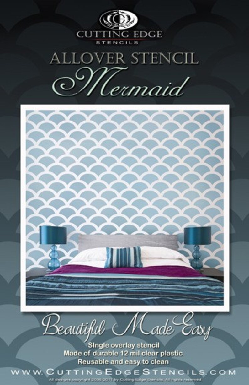 Allover Stencil Mermaid reusable stencils for walls instead of wallpaper image 4