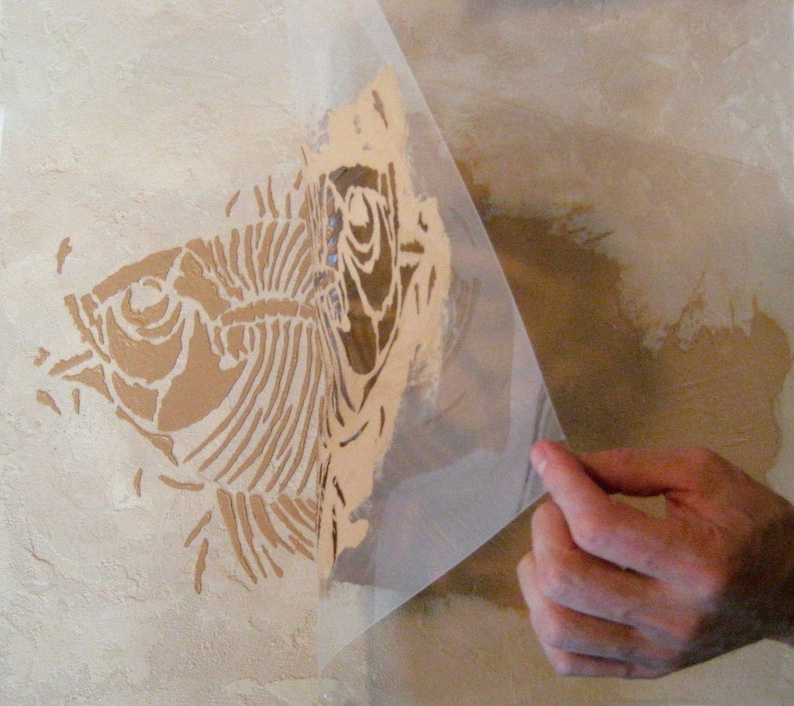 Prehistoric Large Fish Fossil Stencil Raised plaster stencil for home decor image 4