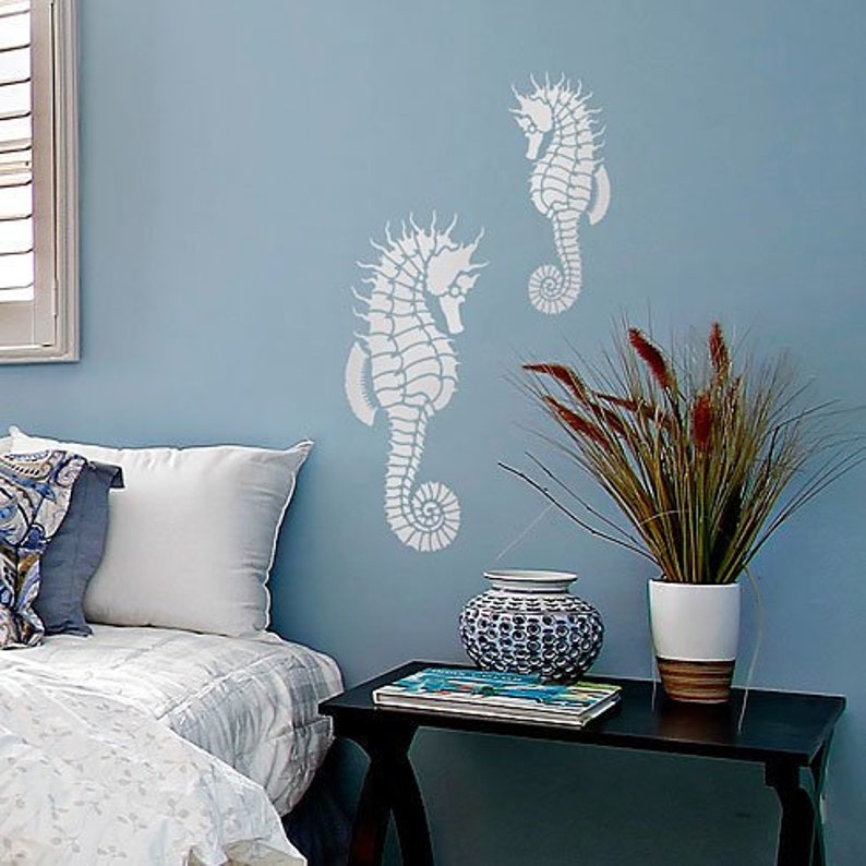 Seahorse Wall Art Stencil WALL ART STENCILS Easy to Use Wall Art Stencils for a Quick Room Update Nautical Stencils for Walls image 1