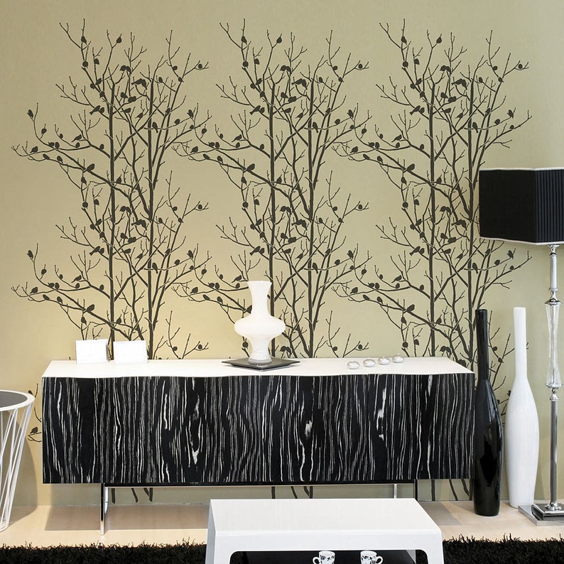 Birds in Trees Stencil LARGE WALL STENCIL Botanical Wall Etsy