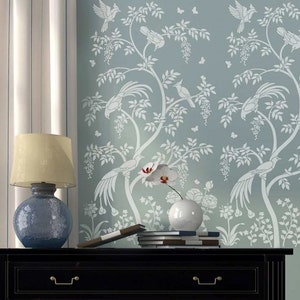 Birds and Berries Chinoiserie Wall Mural Stencil - LARGE WALL STENCIL instead of Wallpaper - Easy to Use Wall Stencils for a Room Update