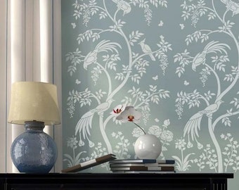 Birds and Berries Chinoiserie Wall Mural Stencil - LARGE WALL STENCIL instead of Wallpaper - Easy to Use Wall Stencils for a Room Update