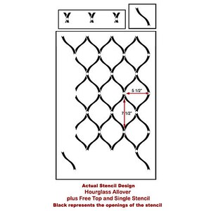 May include: Black and white stencil design for a repeating hourglass pattern. The stencil measures 7 1/2 inches by 5 1/2 inches. Actual Stencil Design Hourglass Allover plus Free Top and Single Stencil Black represents the openings of the stencil.