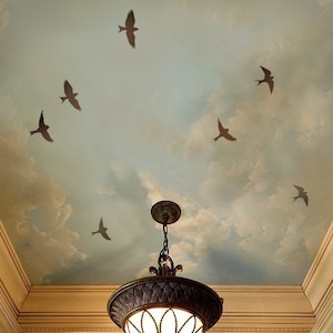 May include: A painted ceiling with a cloudy sky and flying birds. A brown ceiling light fixture hangs from the ceiling.