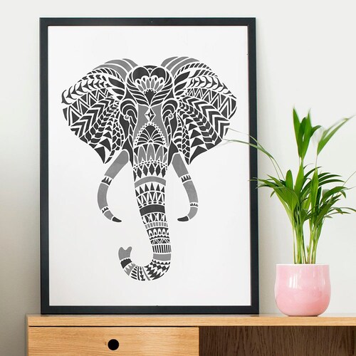 Elephant Head Wall Art Stencil - DIY Tribal Design - Geometric Stencil for Home Makeovers