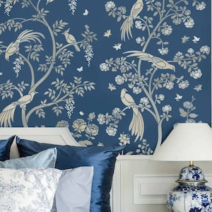 Birds and Roses Chinoiserie Wall Mural Stencil - LARGE WALL STENCIL instead of Wallpaper - Easy to Use Wall Stencils for a Quick Room Update