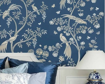 Birds and Roses Chinoiserie Wall Mural Stencil - LARGE WALL STENCIL instead of Wallpaper - Easy to Use Wall Stencils for a Quick Room Update