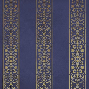 May include: A stencil with a repeating pattern of gold floral designs on a blue background. The stencil is designed for creating decorative stripes on walls or other surfaces.