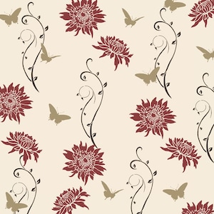 May include: A seamless pattern featuring burgundy flowers with intricate details, delicate black vines, and brown butterflies on a cream background.